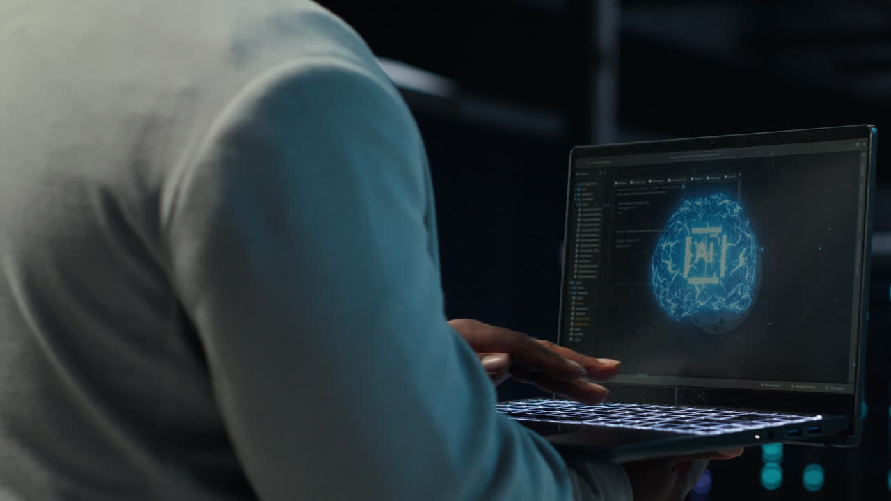 Vertical video Server room admin using laptop to do infrastructure AI automatization