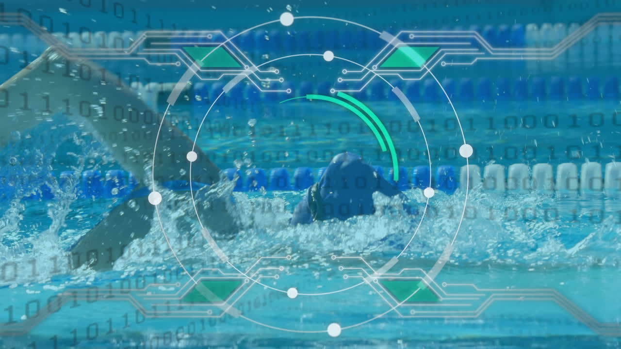 수영장에서 수영하는 여성 선수에 대한 범위와 바이너리 코딩