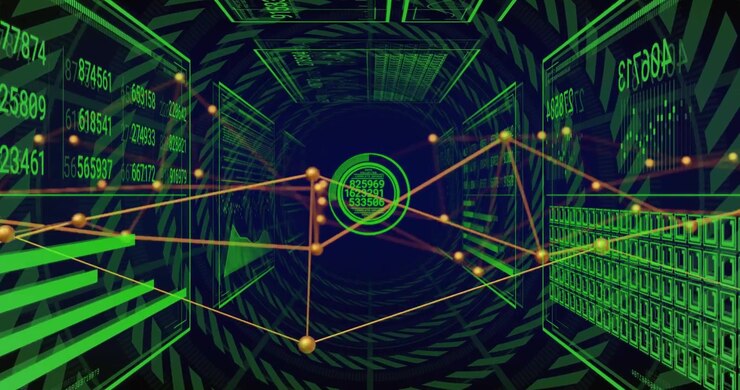 Sequence opening on tunnel initiating network graph pulsing panels forming emphasizing data flow