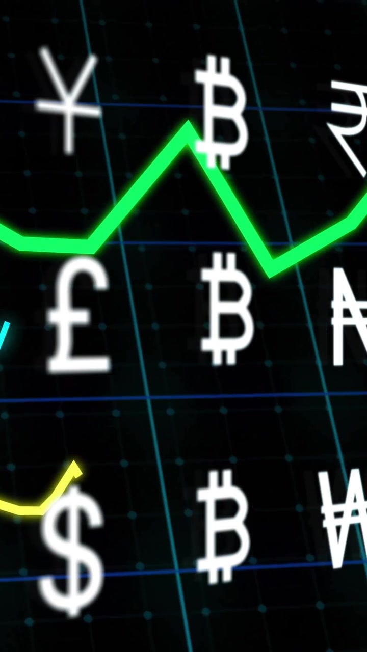Animazione di simboli di valuta e linea verde fluttuante su sfondo di grafico finanziario
