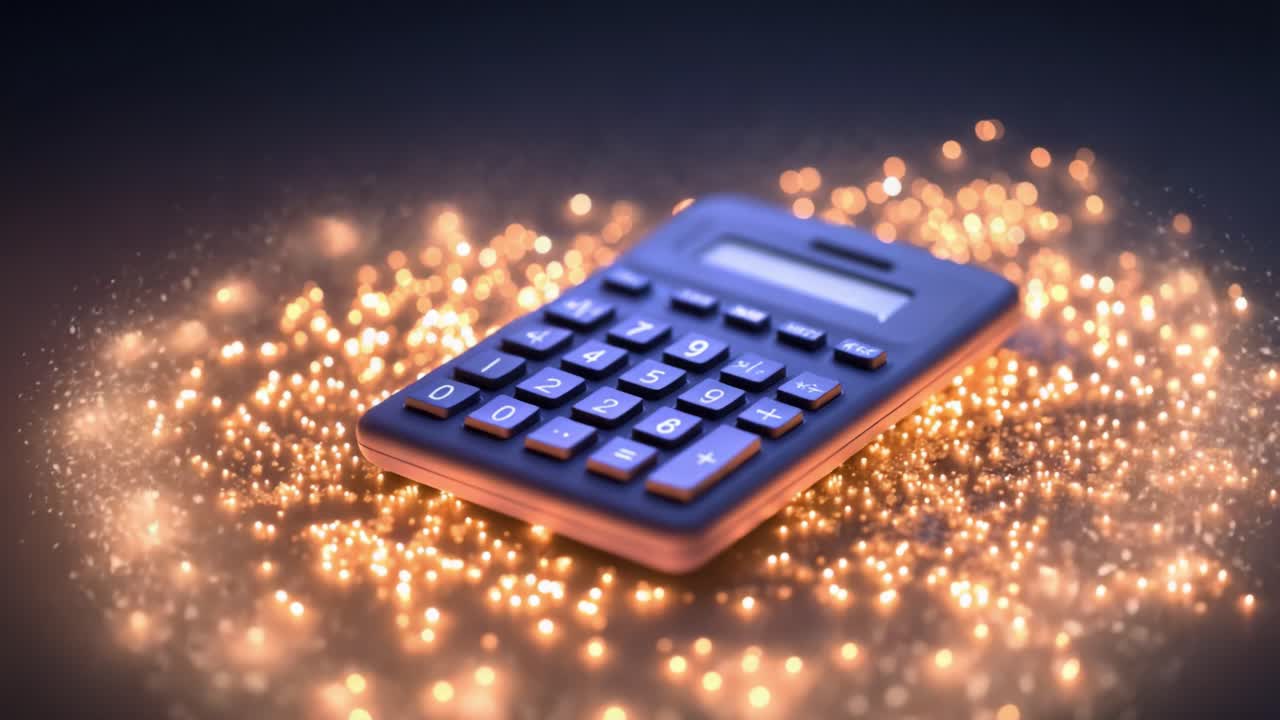 Blue calculator materializing from a swirling cloud of sparkling golden particles on a dark background, representing financial technology innovation, data processing, and digital calculations