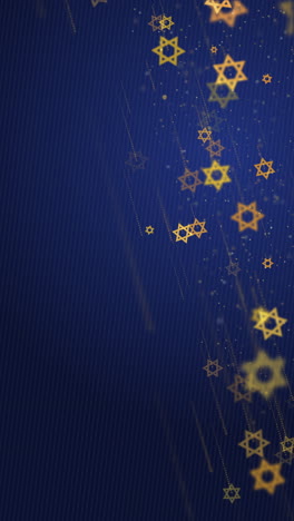 rotate golden jewish star of david and menorah. symbols of israel and shiny particles falling down. looped animated blue background. vertical video.