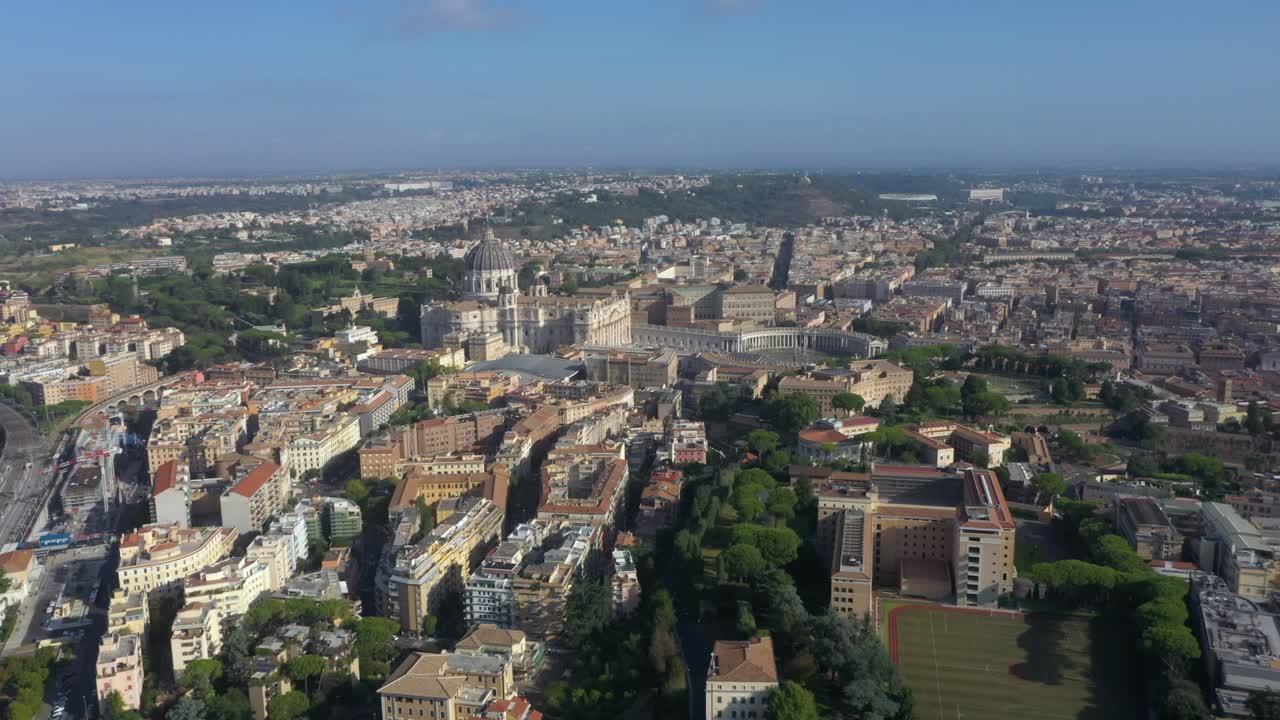 Drone captures St. Peter’s Basilica, its majestic dome, and the vast Piazza San Pietro, symbolizing the heart of the Catholic Church and Rome’s timeless beauty