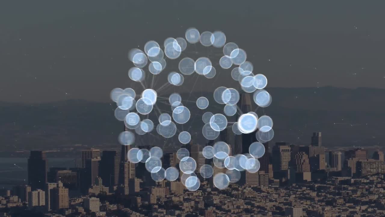 도시 풍경 위의 아이콘으로 연결된 네트워크의 애니메이션