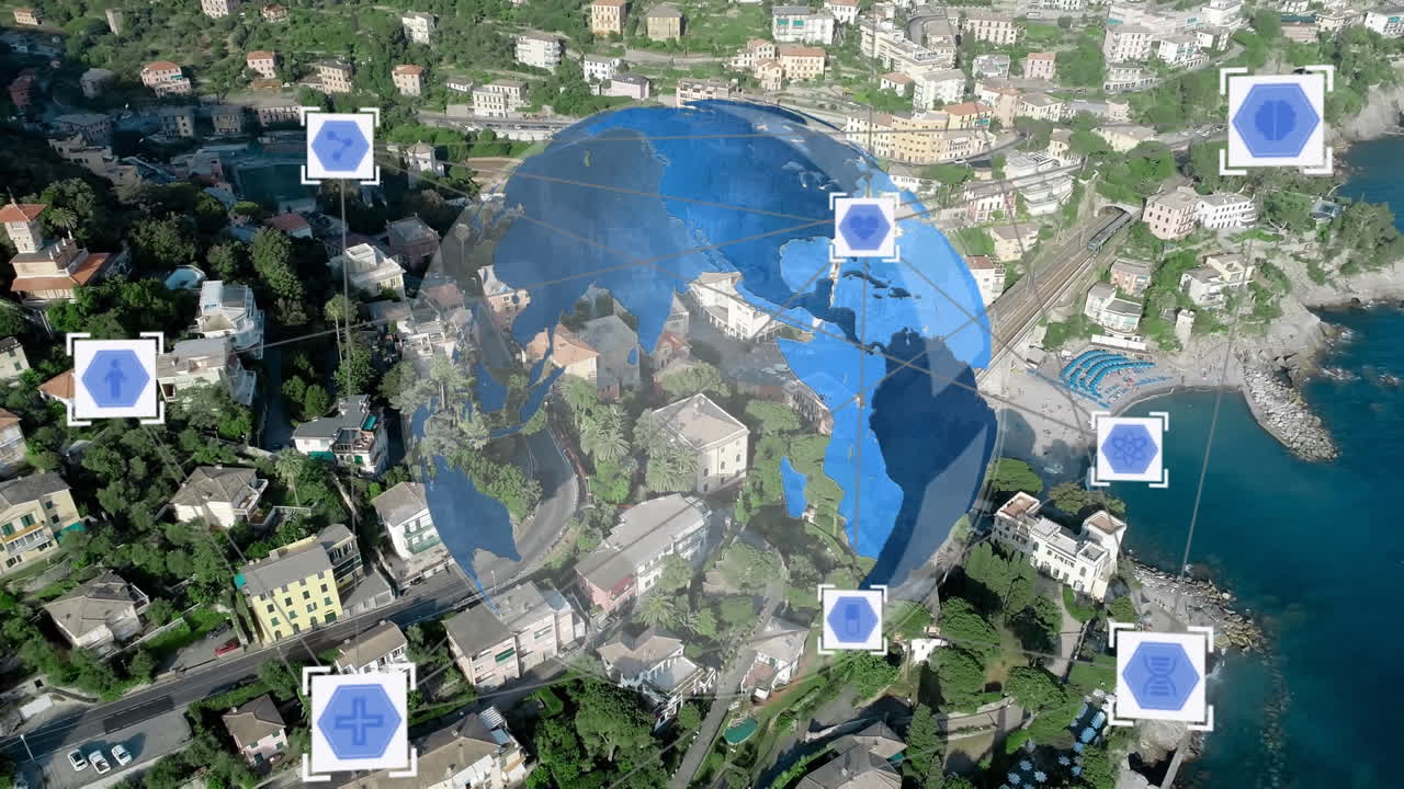 연결 아이콘의 웹과 도시의 공중 전망에 대한 회전 지구