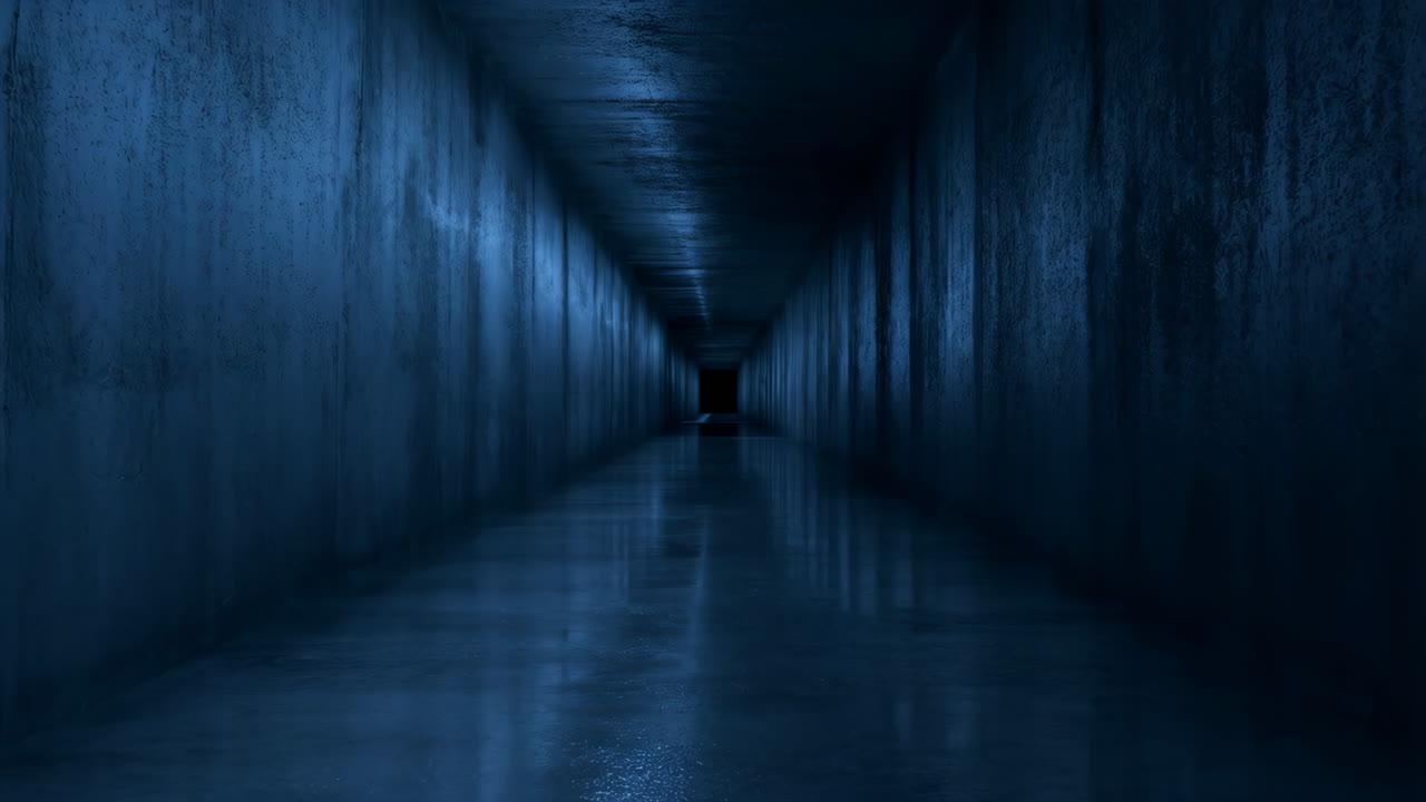 Dark and Mysterious Concrete Tunnel with Distant Light