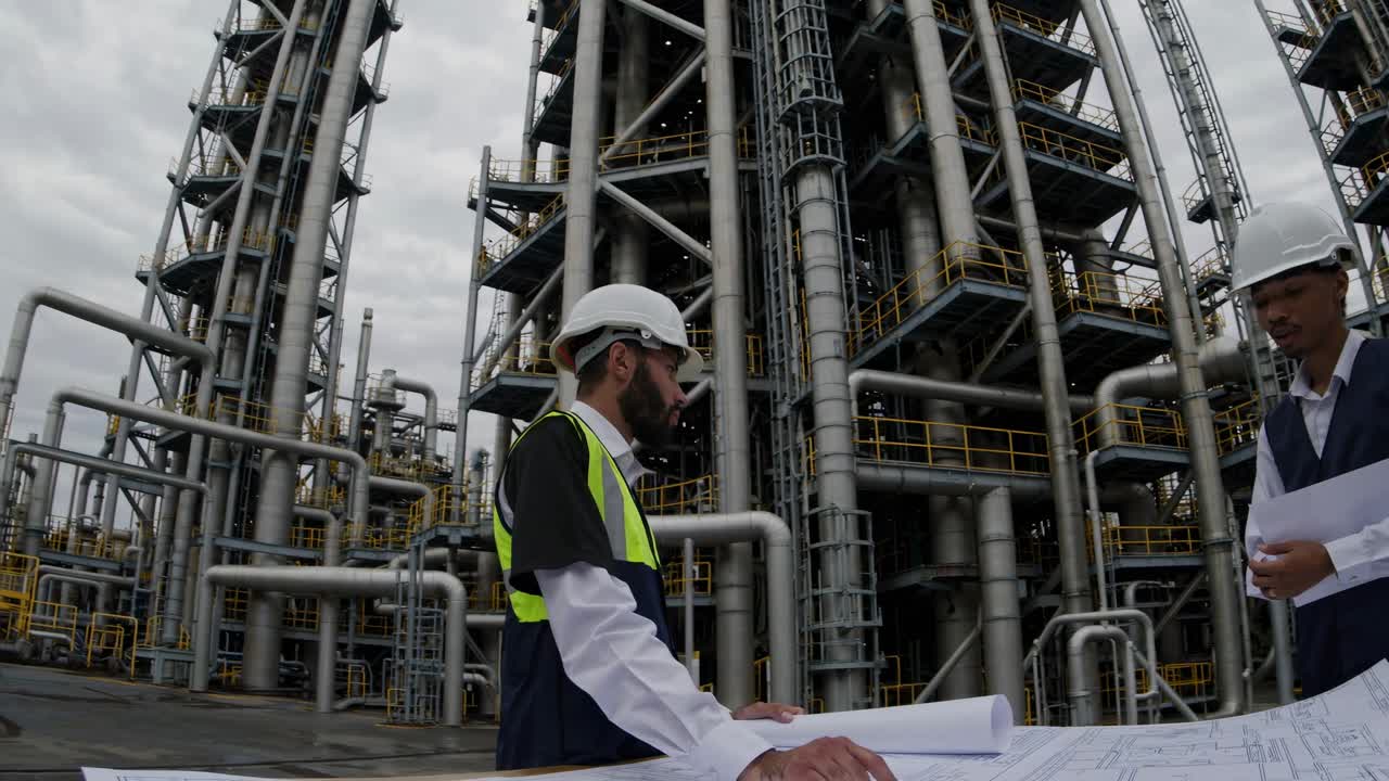ingenieros revisando planos en una refinería de petróleo