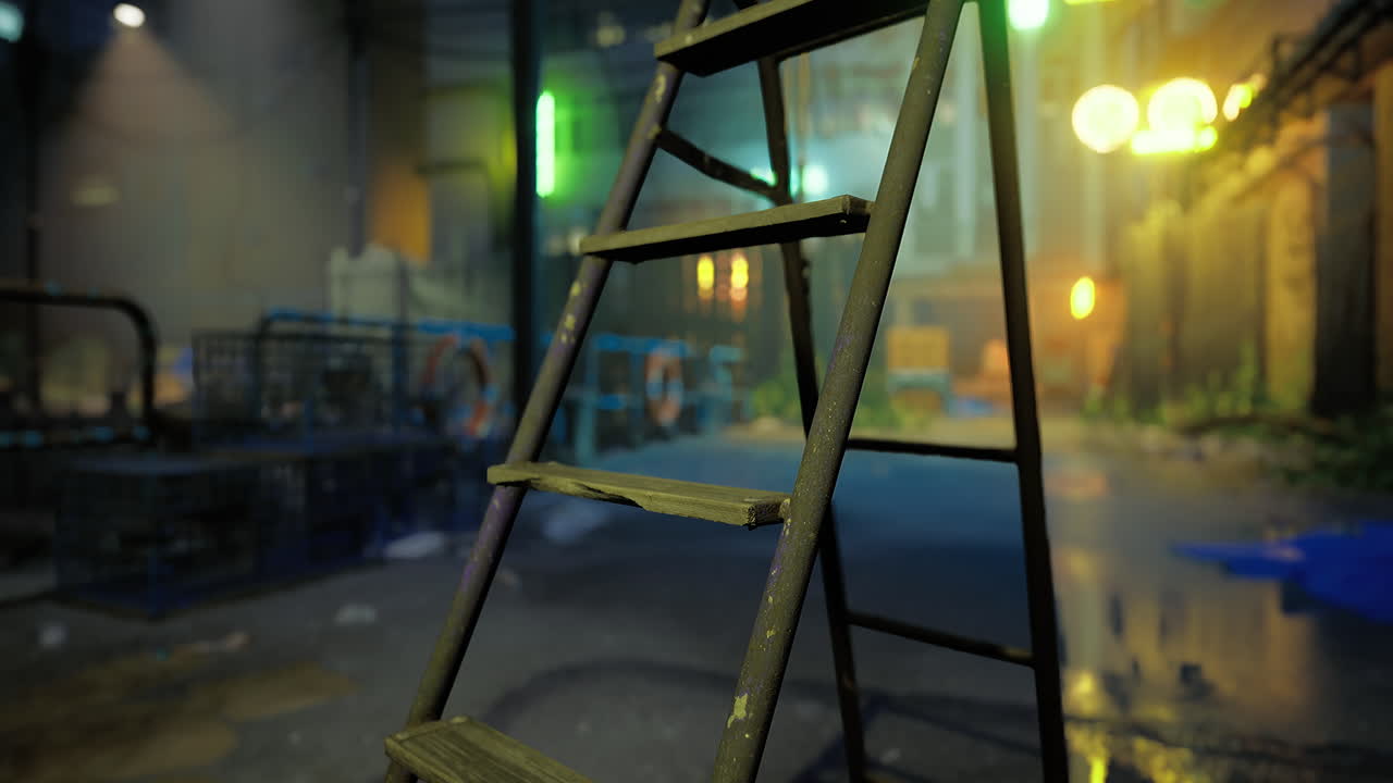 Sturdy ladder positioned amidst urban alleyway at dusk with neon lights