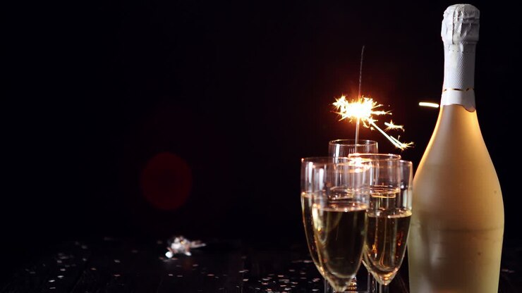 Immagine di composizione da festa: bicchieri pieni di champagne posizionati su un tavolo nero.