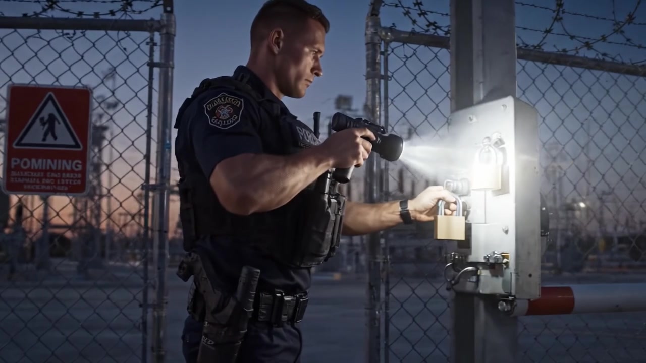 A Resolute Officer Patrolling a Secure Facility at Dusk, Monitoring Perimeter Safety and Ensuring Protection Against Potential Threats and Intrusions.