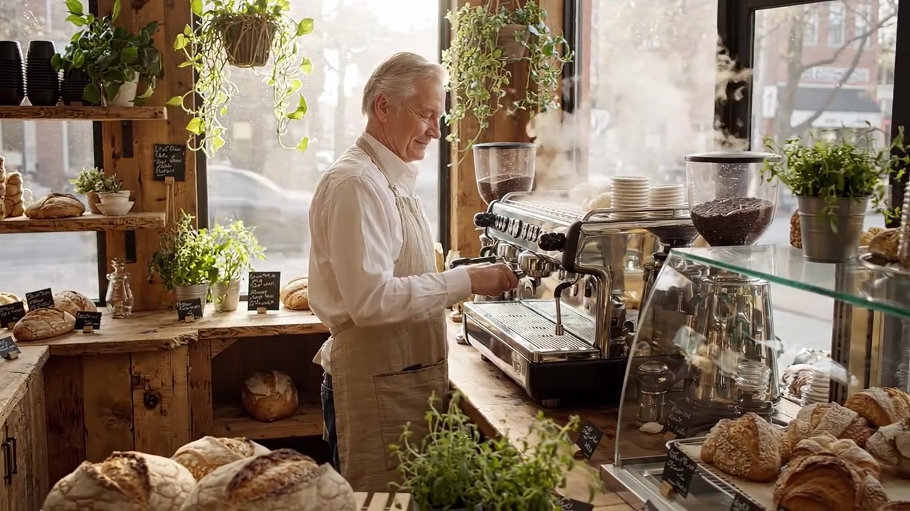 Una scena accogliente di panetteria con un barista esperto che prepara il caffè tra pani appena sfornati e una vegetazione lussureggiante in un caffè artigianale illuminato dal sole.