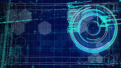Animation of scope scanning with data processing over hexagons on black background