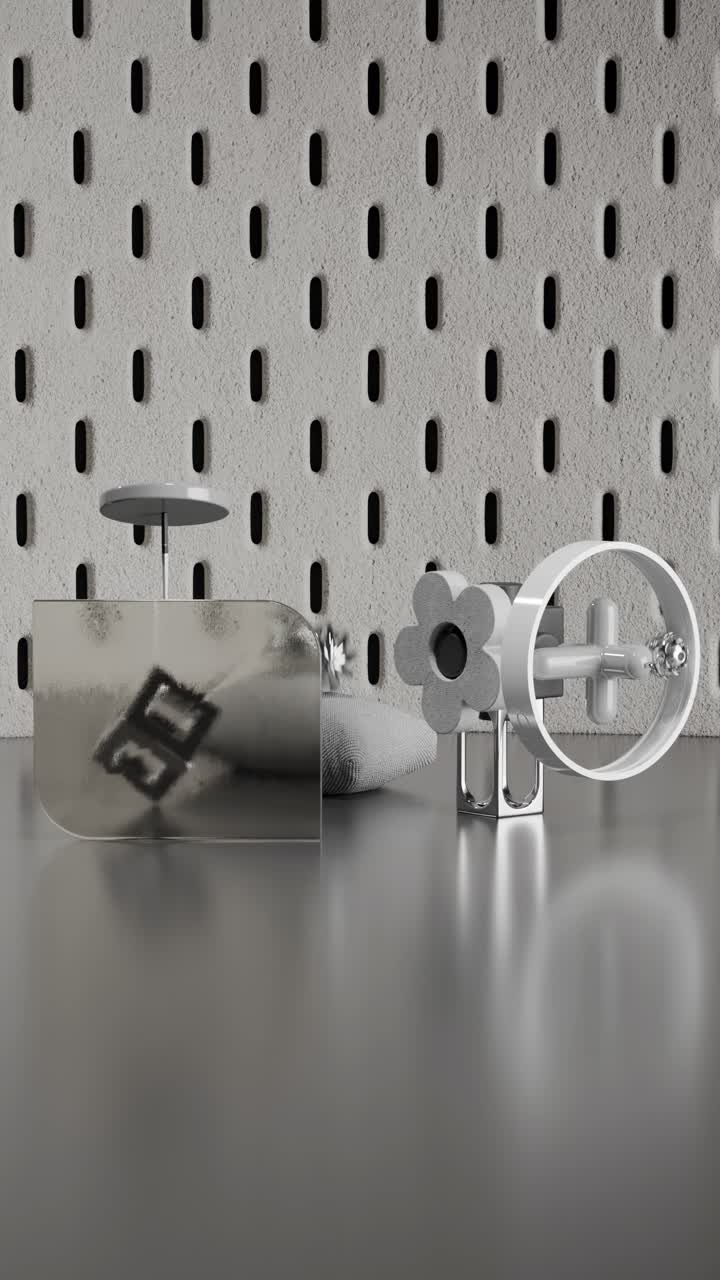 Still life of bathroom accessories on a pegboard