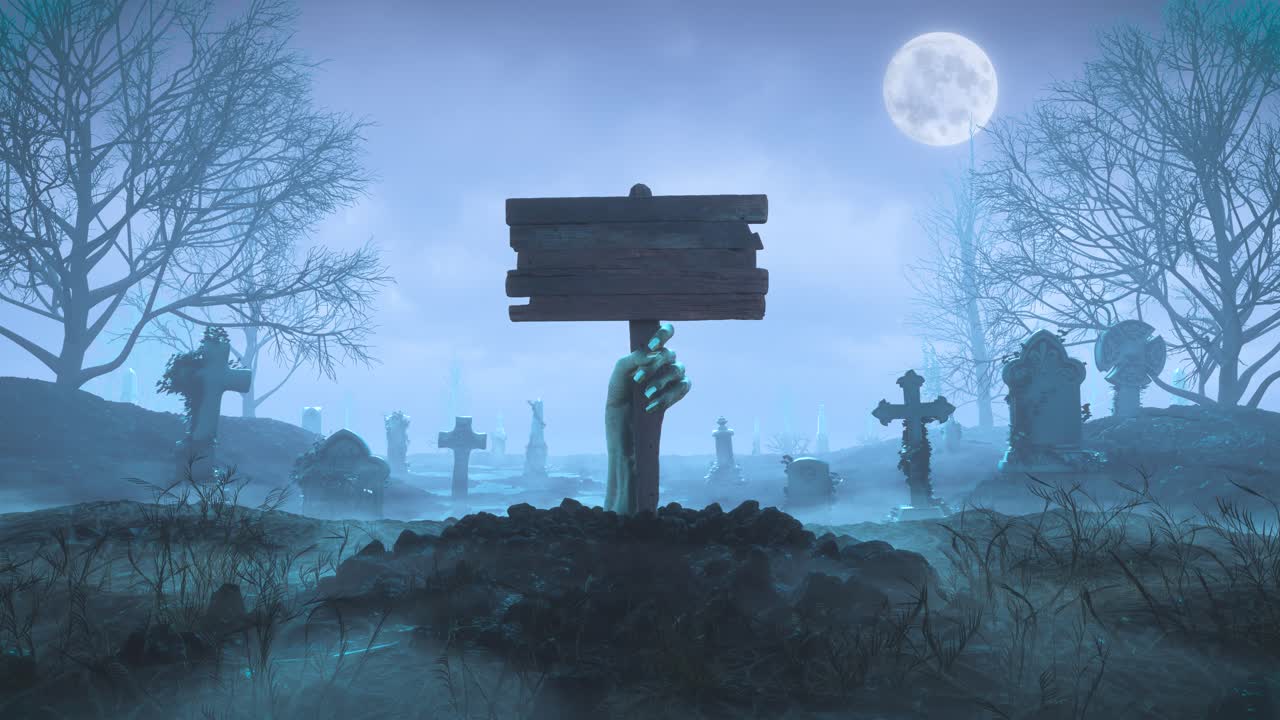 밤에는 달을 배경으로 땅 밖으로 나무 판을 가진 좀비 손