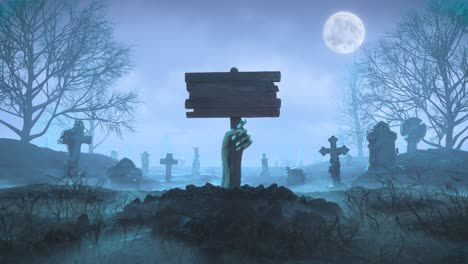 zombie hand with a wooden plaque out of the ground at night against the background of the moon in