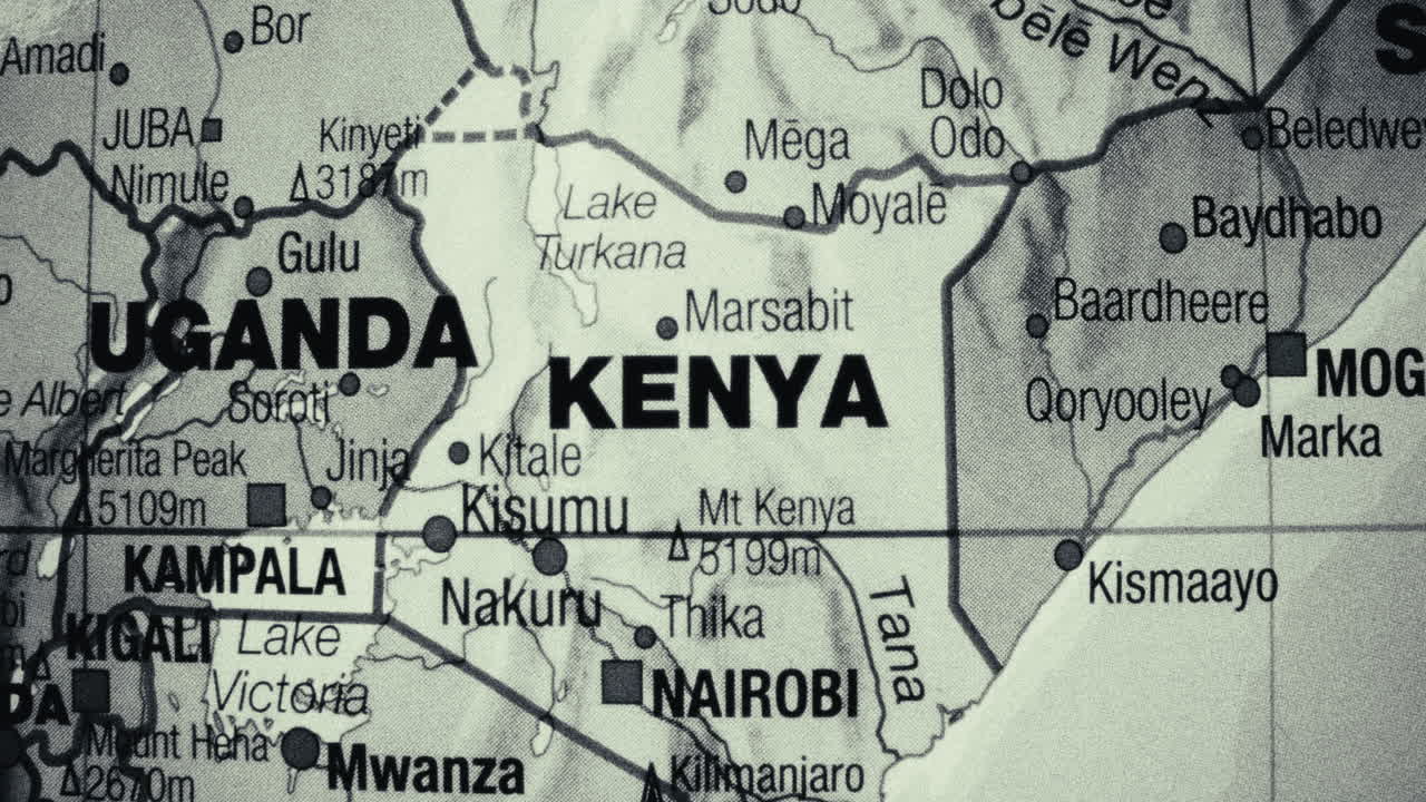A detailed map showing Kenya, Uganda, and surrounding East African countries