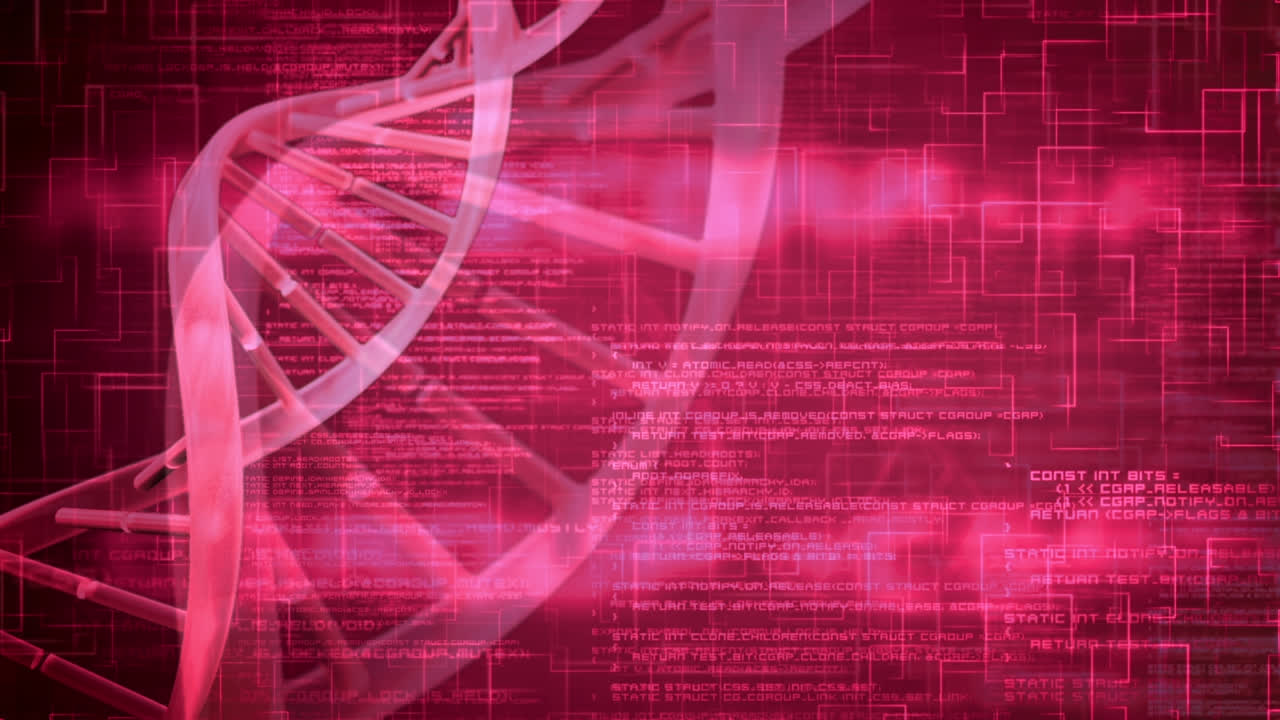 Animation of dna helix rotating over programming language over moving in loop