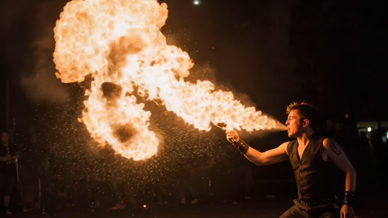 A Dazzling Fire Performance Showcasing Mesmerizing Flames and Skillful Control Captivating the Audience with Thrilling Fire Breathing and Enthralling Dance Movements