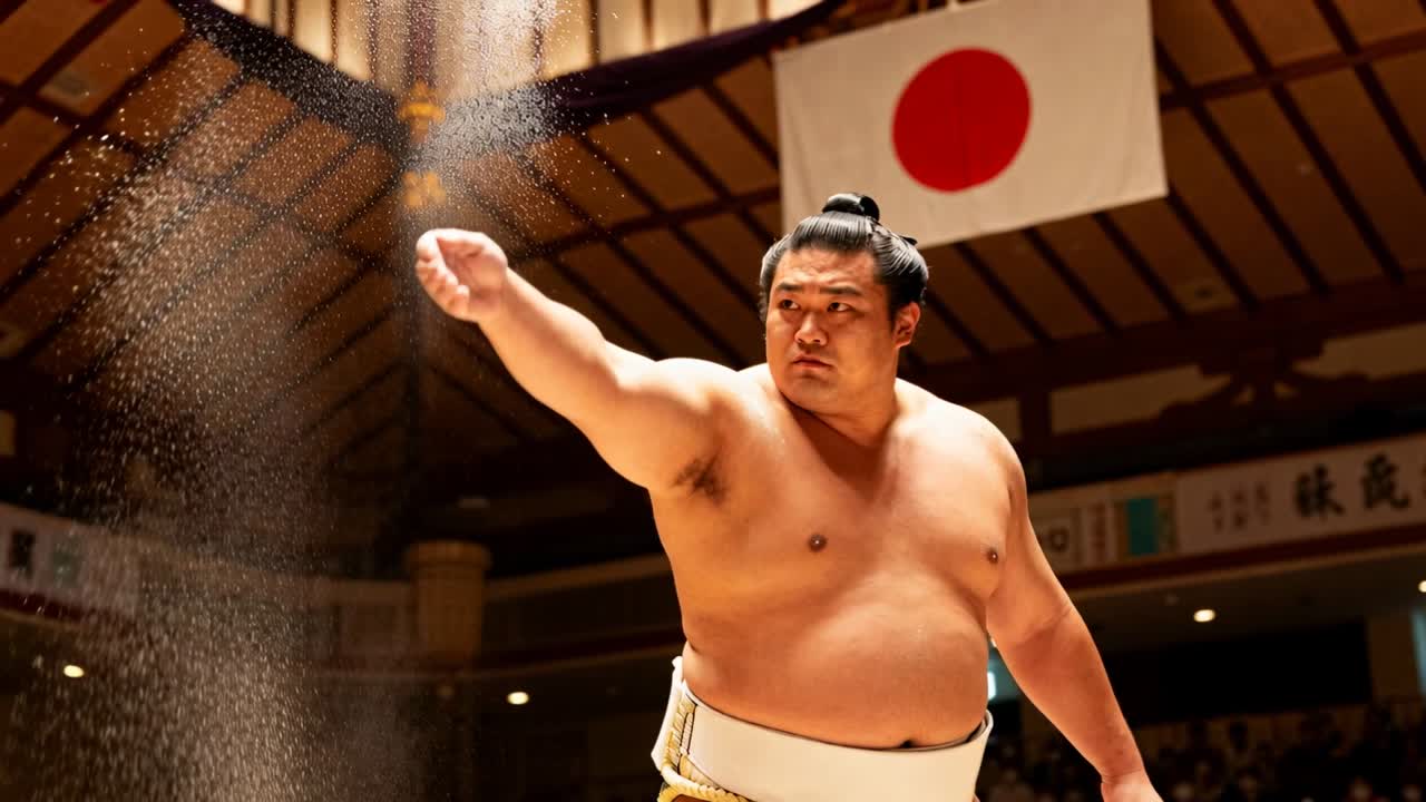Professioneller Sumo-Ringer im weißen Mawashi wirft vor dem Kampf Salz auf den Dohyo und setzt eine Salzwolke frei