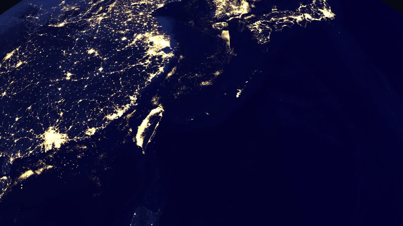 Digital globe rotates and zooms into illuminated city lights across East Asia at night
