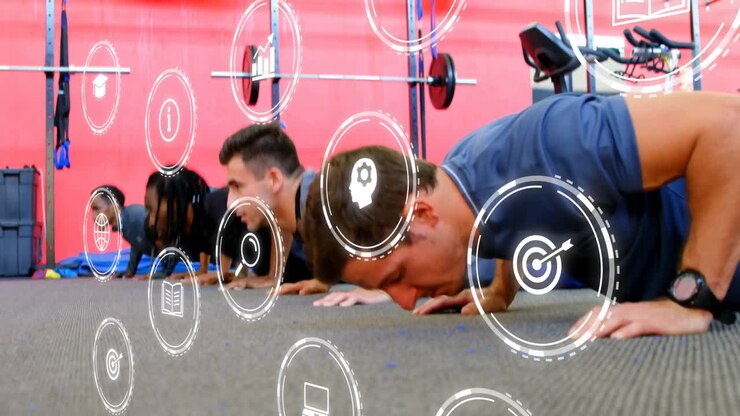 Training partners performing push-ups on mat starting animated icons with fitness tech overlay