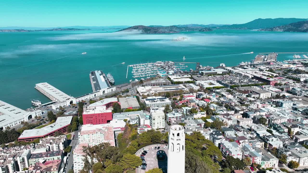Veduta aerea con drone della Coit Tower e North Beach che si affacciano sulla Baia di San Francisco, con l'Isola di Alcatraz, i moli sul lungomare, le barche e nebbia bassa in una giornata limpida a San Francisco, California.