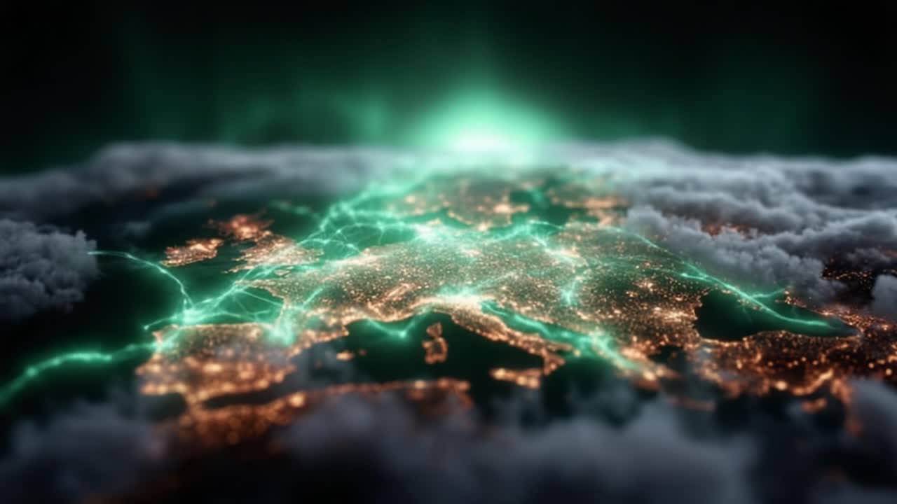 Aerial View of Electrifying Connectivity Over European Landscape at Night, Highlighting Lights and Network Pathways Amidst Cloudy Atmosphere