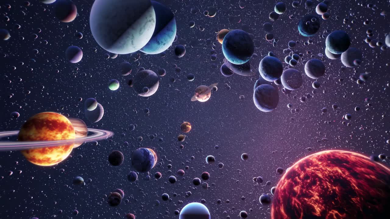 A cosmic video scene with a wide-angle view of colorful planets and stars, creating a mesmerizing