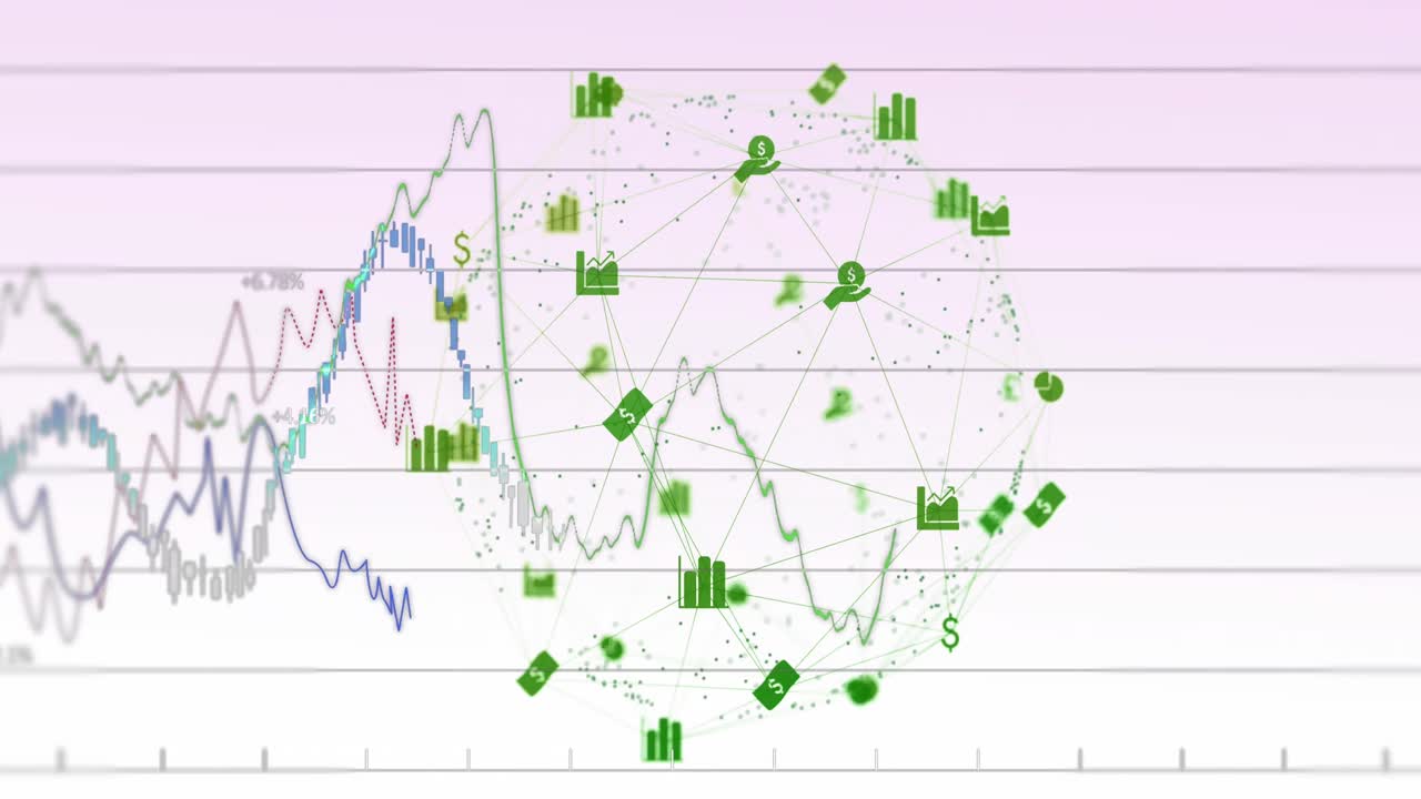 추상적인 배경에 여러 그래프를 가진 연결된 달러 기호와 그래프의 애니메이션