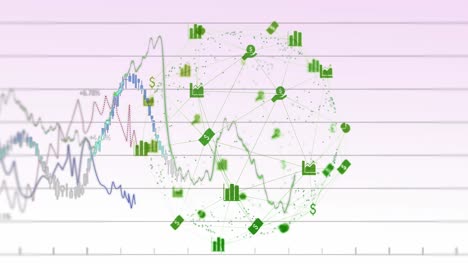 animation of connected dollar signs and graphs with multiple graphs on abstract background