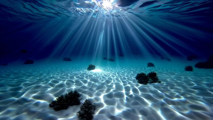 Sunlight streams through the water on an underwater sandy bottom