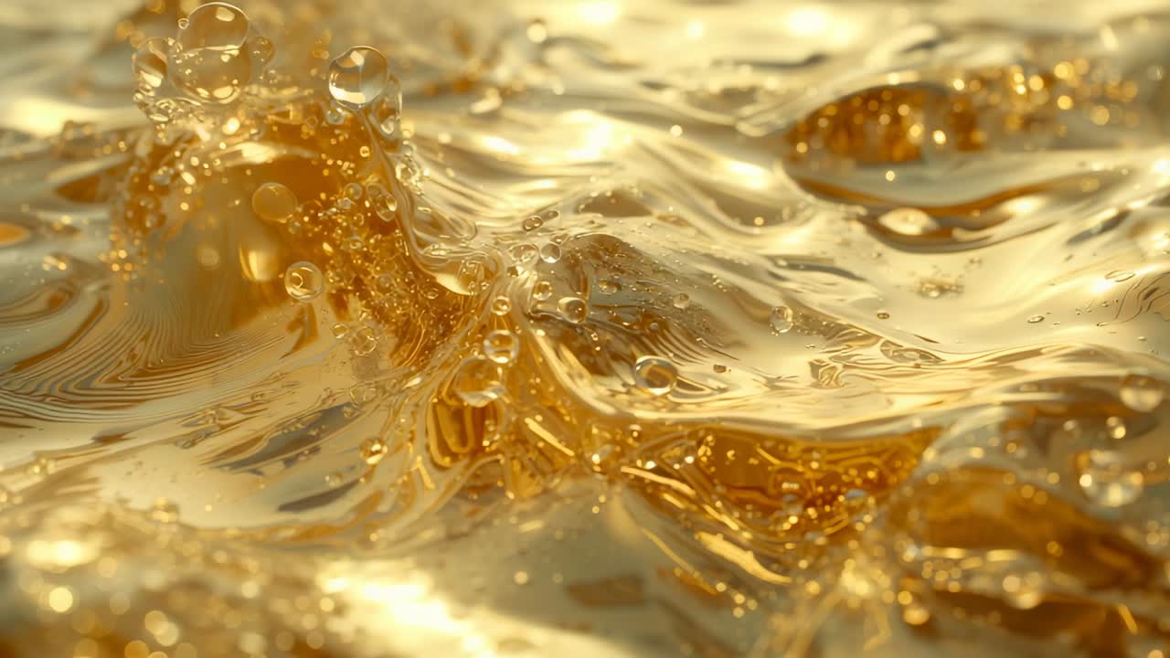 Opening close-up shot showing shimmering golden fluid surface in studio, with clusters of bubbles