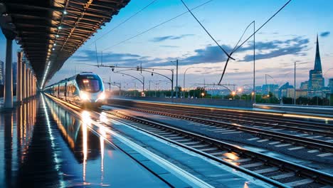 modern high-speed train on urban tracks at dusk in a vibrant city