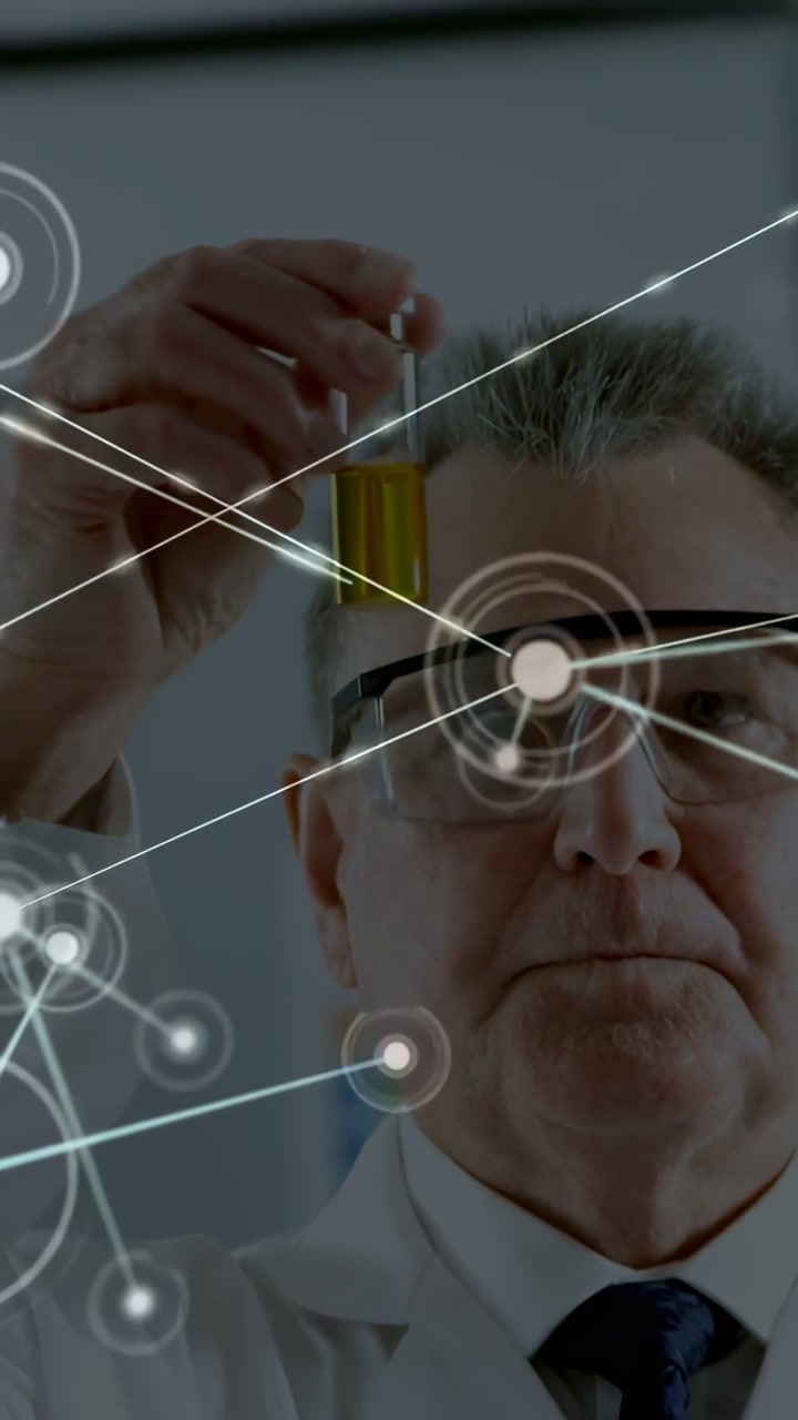 Vertical video: Lab scientist aligning vial with HUD, analyzing yellow sample as nodes expanding