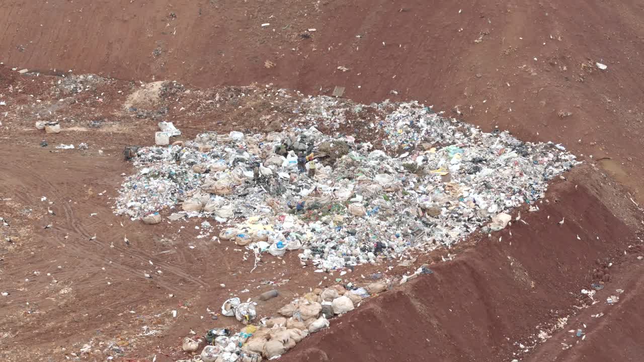 Aerial 4K captures a waste site's rubble where numerous birds forage for food amidst locals collecting waste