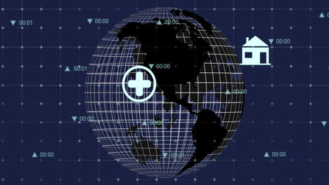Animation of digital globe with medical symbol and house icon on grid background