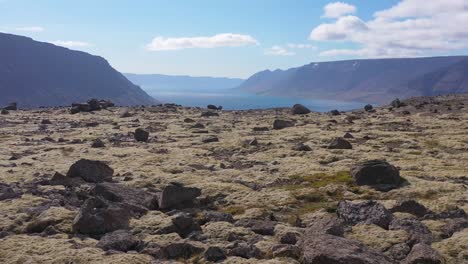 la antena del áspero paisaje volcánico revela un fiordo en los fiordos del oeste de islandia