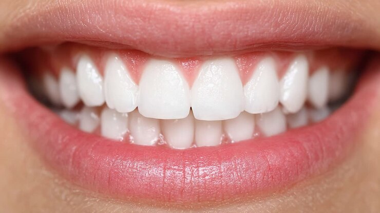 Primo piano di un sorriso sicuro che mette in mostra denti sani e luminosi con una texture liscia e un allineamento perfetto, evidenziando l'importanza dell'igiene orale e dell'estetica