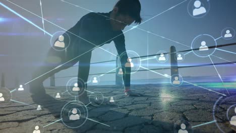 Animation-of-profile-network-lines-connecting-dots,-caucasian-woman-doing-pushups-on-pier-at-beach