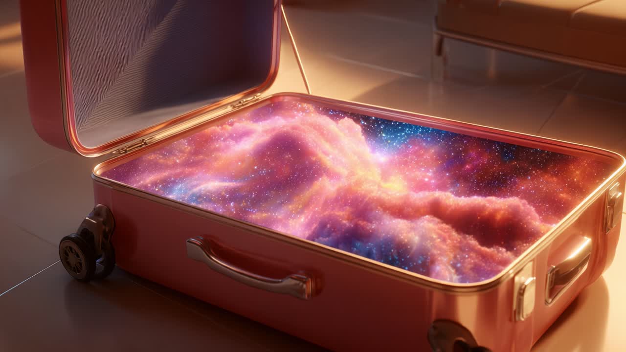 A Vibrant Suitcase Full of Cosmic Wonders: An Enigmatic Glimpse into an Otherworldly Universe Hiding Inside an Open Luggage Filled with Colorful Galaxies and Stars