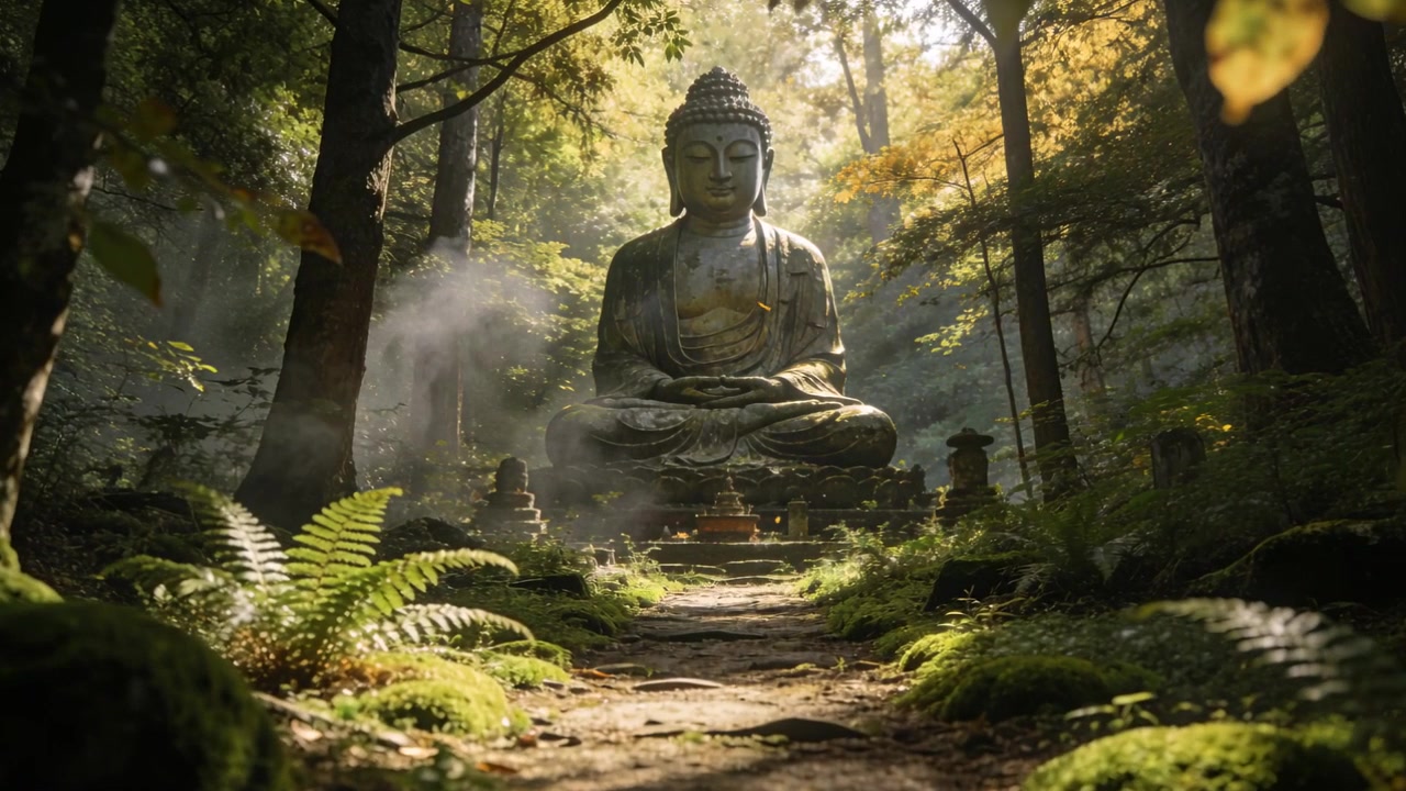 La telecamera si avvicina rivelando una statua di Buddha seduto su un sentiero muschioso, mostrando lanterne e offerte.