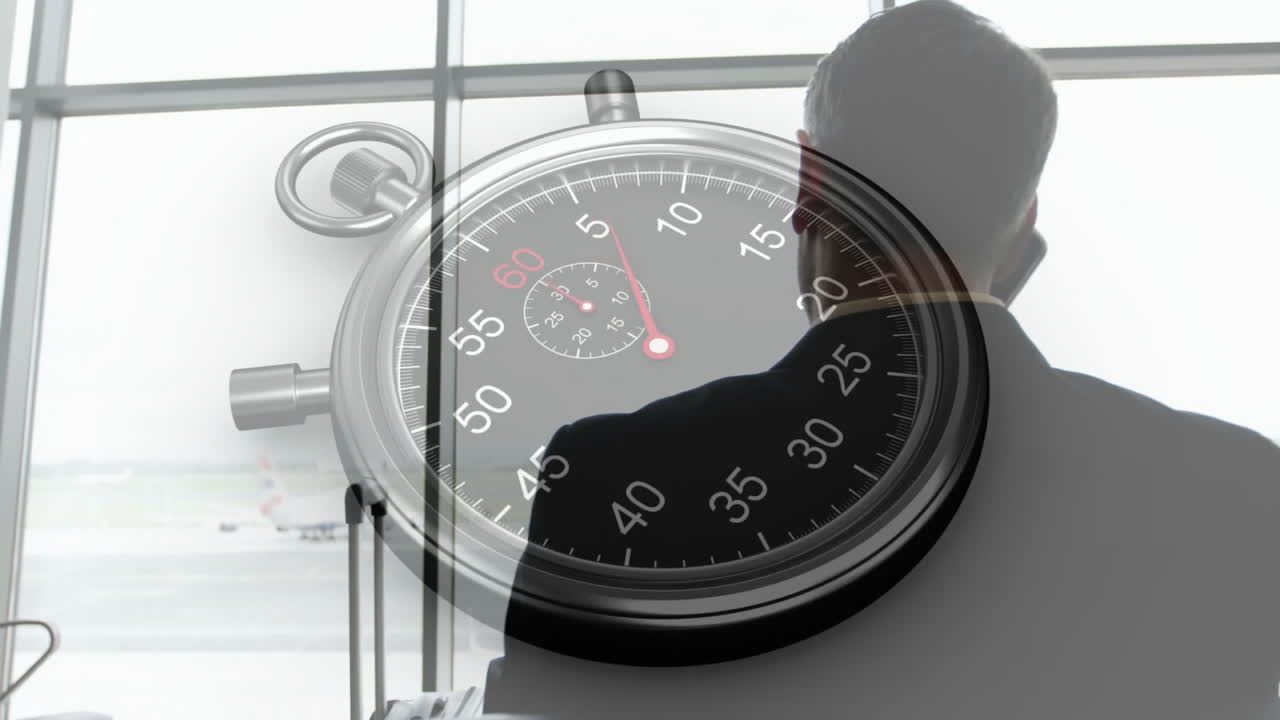 Silhouette of person at airport window with stopwatch animation overlaying view