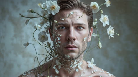 portrait of a man with white flowers and petals