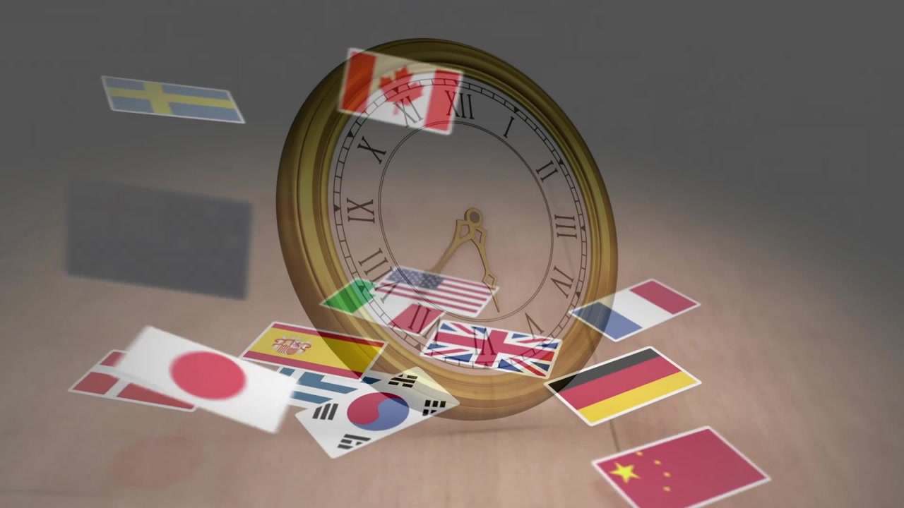 Animation of clock face with national flags floating around in motion