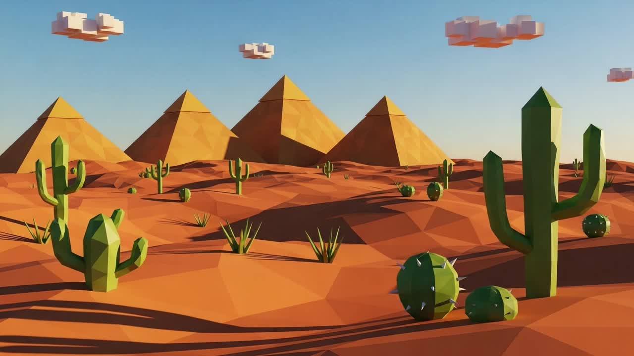 A Stunning Surrealistic Desert Landscape Featuring Polygonal Cacti and Geometric Pyramids Under a Sky of Fluffy Clouds in a Vivid Color Palette