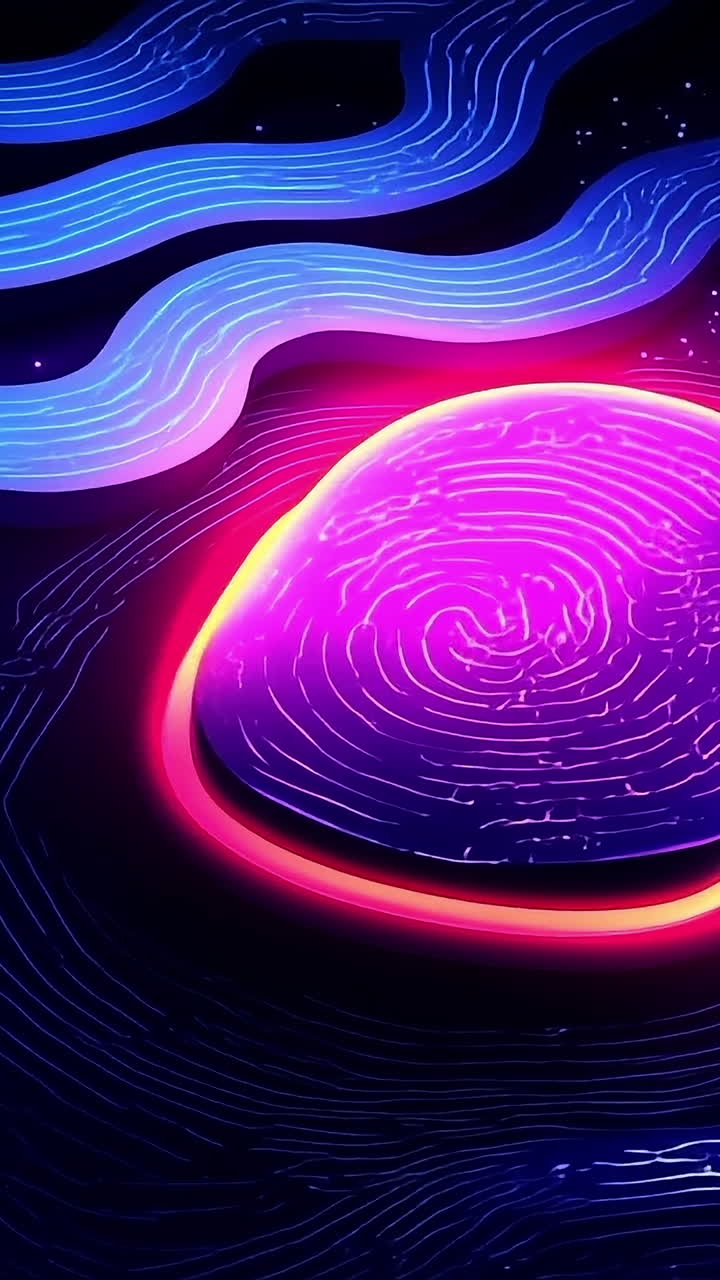 Neonový abstraktní design s plynulými liniemi. Barevné neonové vzory se vlní kolem centrálního zářícího tvaru a vytvářejí pohlcující vizuální zážitek v noci.