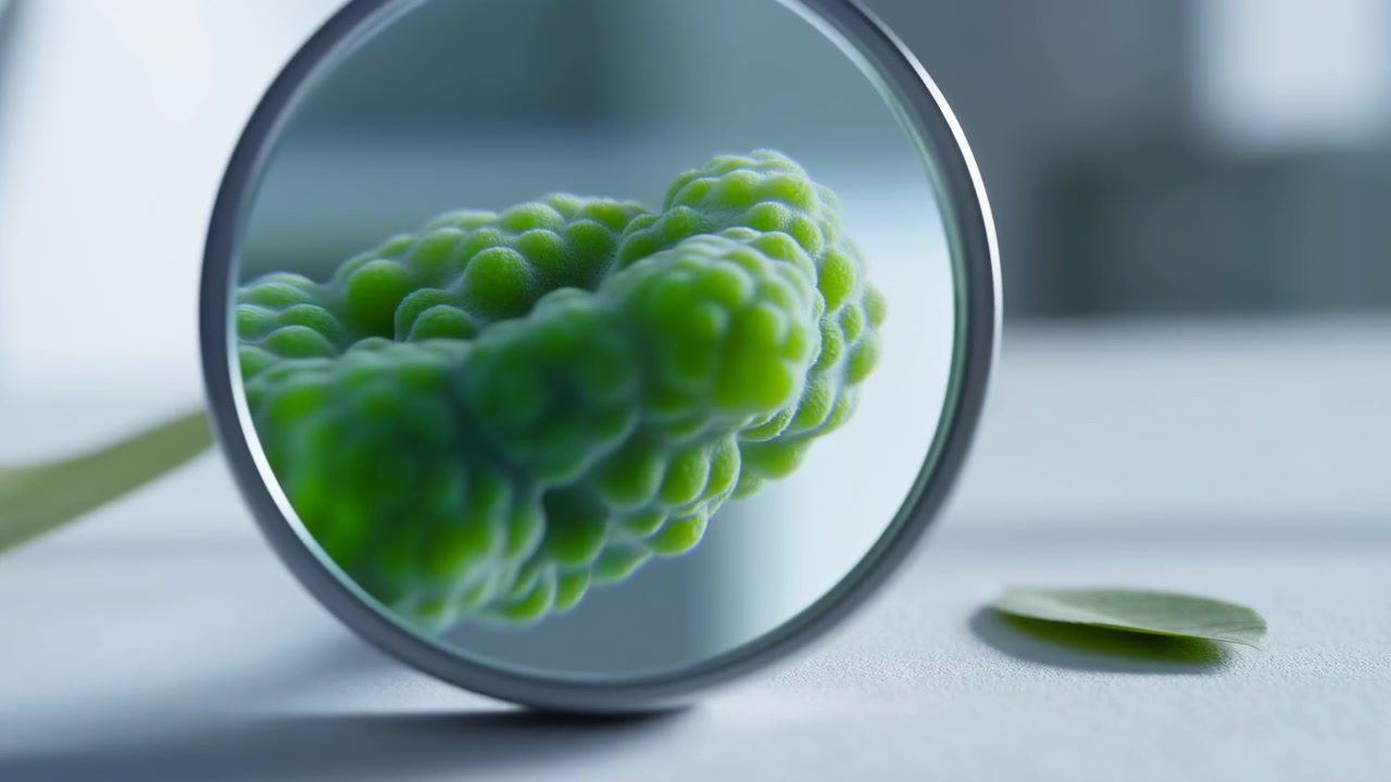 Una lente d'ingrandimento circolare posata su un tavolo opaco e chiaro ingrandisce un segmento di foglia verde testurizzato, rivelando noduli raggruppati, venature sottili e una superficie organica nitida accanto a un piccolo frammento di foglia staccato.