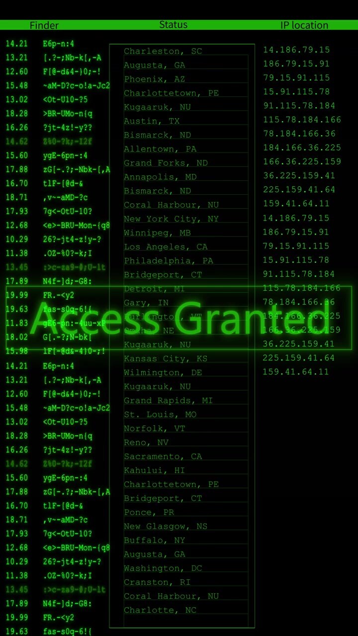 Cyber finder status console visual with green command rows tracking table location column and dark