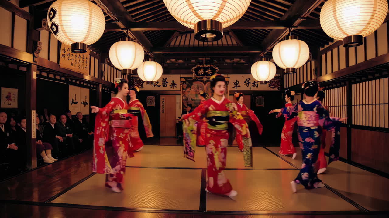 Geisha Dance Performance in Traditional Japanese Setting