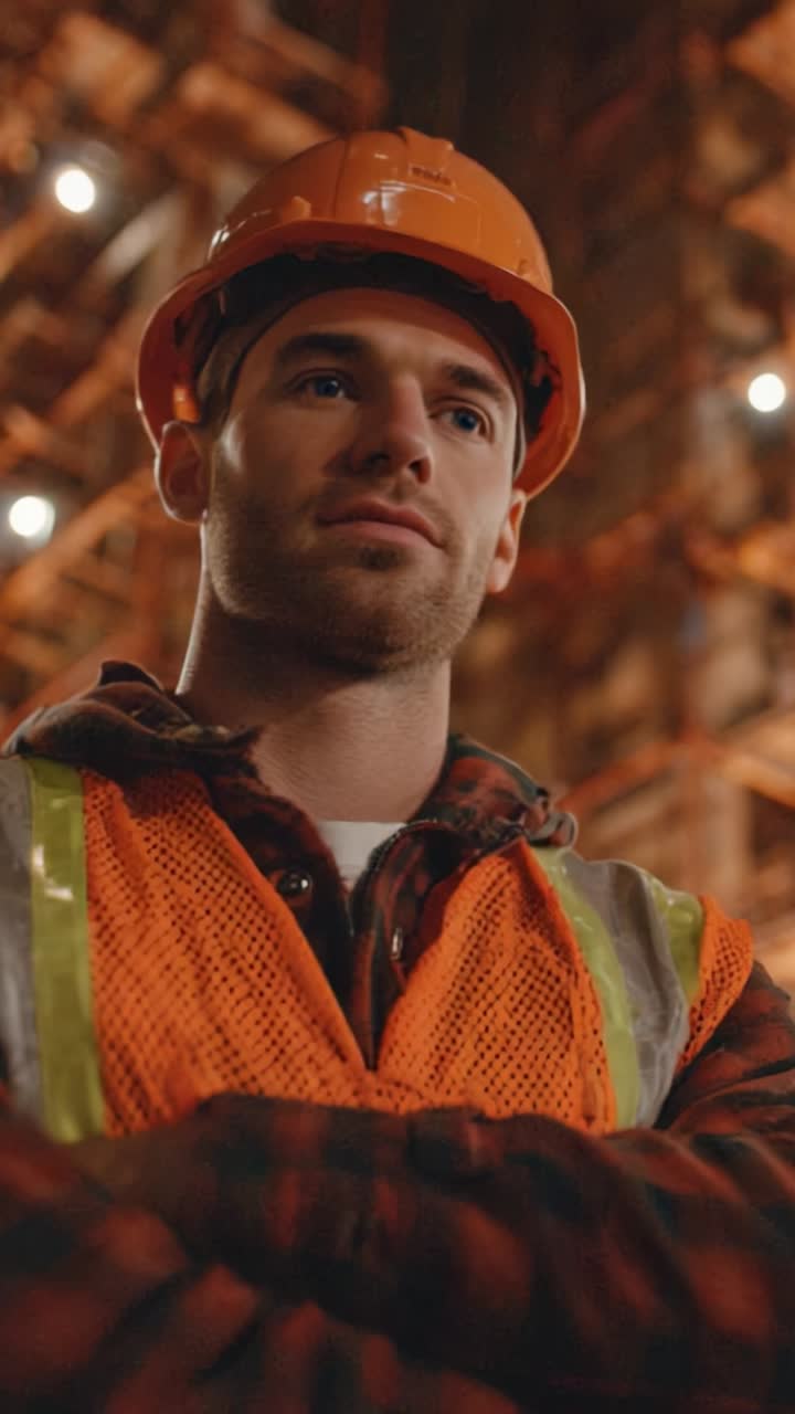 Un operaio edile concentrato, dotato di dispositivi di sicurezza, che supervisiona le operazioni in un cantiere, a dimostrazione dell'impegno per la sicurezza e la qualità del lavoro